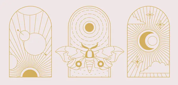 一套带有太阳 月亮和蝴蝶的现代魔法魔法卡片 线条艺术神秘矢量图解 — 图库矢量图片
