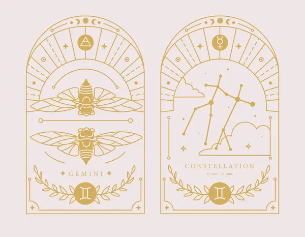 Set Moderne Carte Magiche Stregoneria Con Astrologia Segno Zodiacale Gemelli — Vettoriale Stock