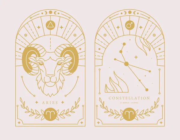 Conjunto Cartas Bruxaria Mágica Moderna Com Característica Signo Aries Zodiac — Vetor de Stock