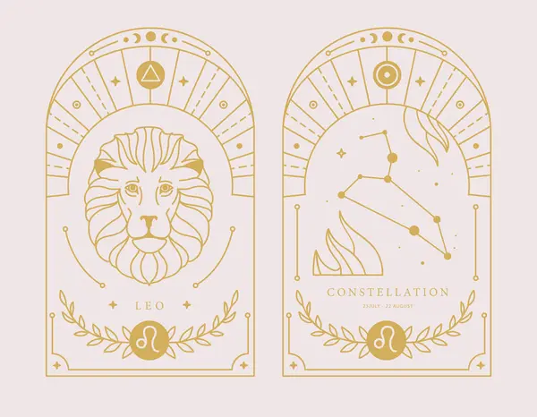 一套带有占星术狮子座黄道带星座特征的现代魔法魔卡 矢量说明 — 图库矢量图片