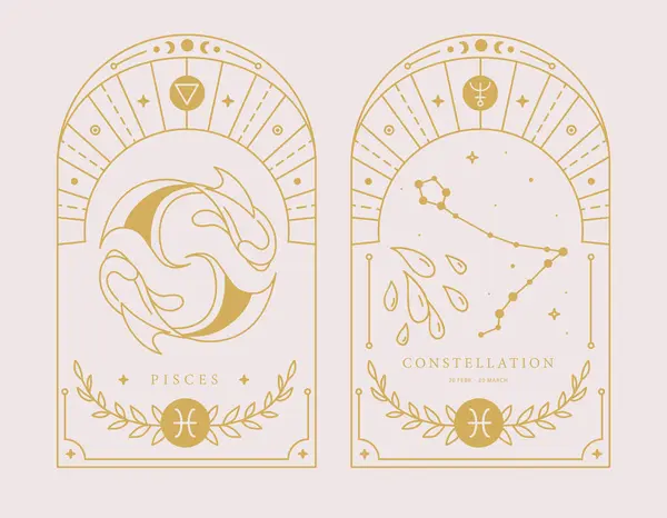 Set Moderne Carte Magiche Stregoneria Con Astrologia Pesci Segno Zodiacale — Vettoriale Stock