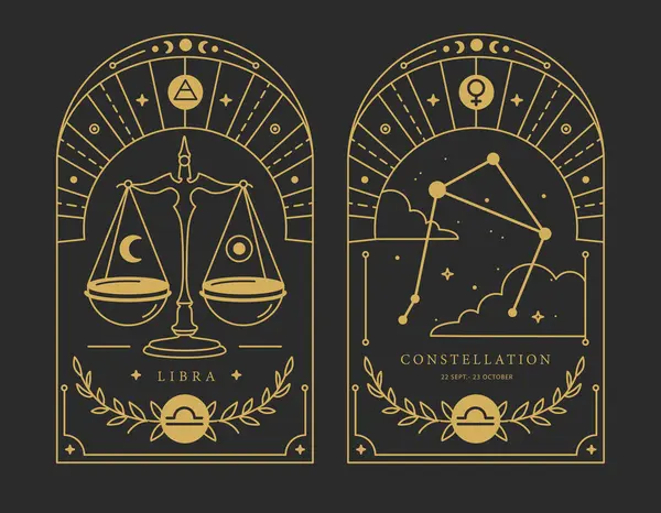 Sett Med Moderne Magiske Trolldomskort Med Astrologi Libra Stjernetegn Karakteristikk – stockvektor