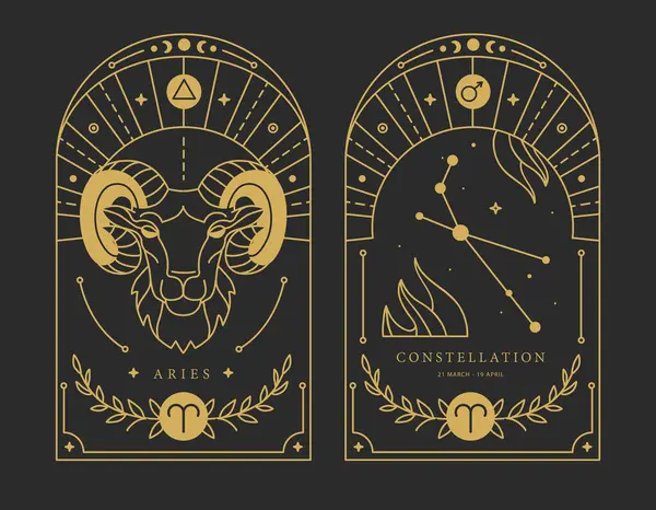 Uppsättning Moderna Magiska Häxkonster Kort Med Astrologi Vädur Zodiak Tecken — Stock vektor