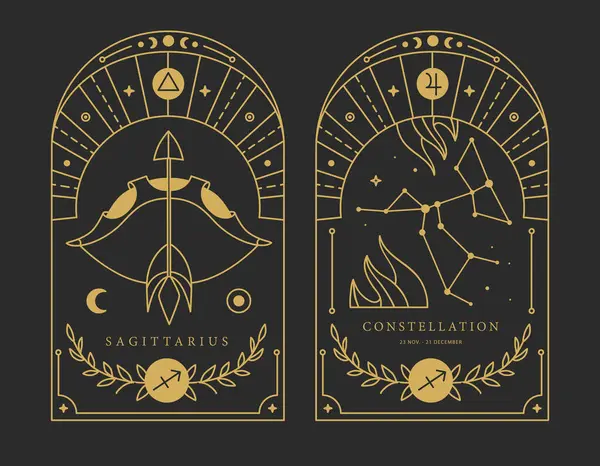 Set Modern Magic Witchcraft Cards Astrology Sagittarius Zodiac Sign Characteristic — Stock Vector