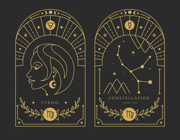 Sett Med Moderne Magiske Trolldomskort Med Astrologi Virgo Stjernetegn Karakteristikk – stockvektor