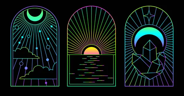 Sada Moderních Křiklavých Kouzelnických Karet Sluncem Měsícem Okultní Vektorová Ilustrace — Stockový vektor