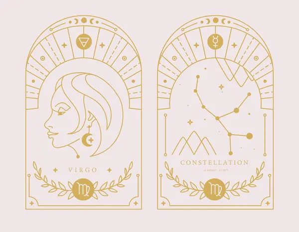 一套带有占星术处女座黄道带星座特征的现代魔法魔卡 矢量说明 免版税图库矢量图片