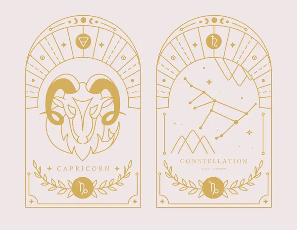 一套具有占星术摩羯座黄道带标志特征的现代魔法魔法卡片 矢量说明 免版税图库插图
