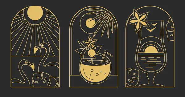 Set Icone Della Linea Moderna Estate Con Cocktail Pina Colada Illustrazione Stock