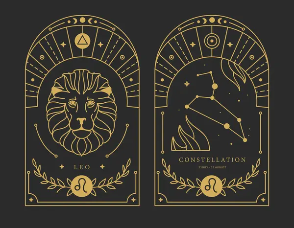 一套带有占星术狮子座黄道带星座特征的现代魔法魔卡 矢量说明 图库插图