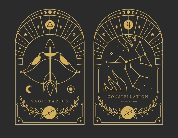 Σύνολο Καρτών Σύγχρονης Μαγείας Αστρολογία Τοξότης Ζώδιο Χαρακτηριστικό Εικονογράφηση Διανύσματος Εικονογράφηση Αρχείου