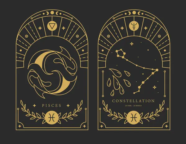 一套带有占星术双鱼座黄道带星座特征的现代魔法魔卡 矢量说明 图库矢量图片