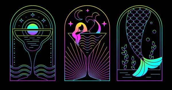 Set Moderner Fluoreszierender Linienkunst Sommersymbole Mit Meerjungfrau Und Cocktail Satz lizenzfreie Stockvektoren