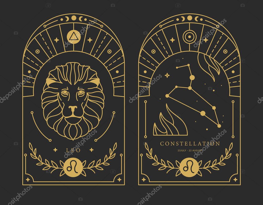 Set of Modern magic witchcraft cards with astrology Leo zodiac sign characteristic. Vector illustration