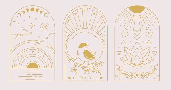 Σετ Από Σύγχρονες Κάρτες Μαγείας Πουλί Ήλιο Φεγγάρι Και Λωτούς — Διανυσματικό Αρχείο
