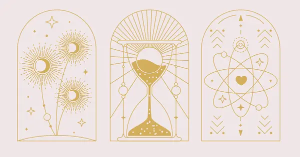 Набор Современных Магических Карт Песочными Часами Солнцем Луной Одуванчиками Линейная Стоковый вектор