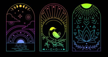 Kuşlu, güneşli, aylı ve nilüferli modern büyü cadılık kartları. Çizgi sanatı okült vektör çizimi