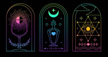 Şarap kadehli modern büyü floresan cadılık kartları, hepsi de gören göz ve şişe. Çizgi sanatı okült vektör çizimi