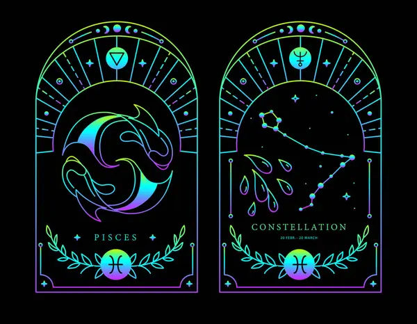 Ensemble Cartes Sorcellerie Fluorescentes Magiques Modernes Avec Astrologie Poissons Signe — Image vectorielle