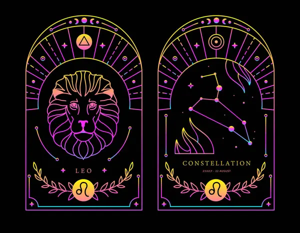 Astrolojili Modern Büyü Floresan Cadılık Kartları Seti Leo Zodiac Karakteristiği Telifsiz Stok Vektörler
