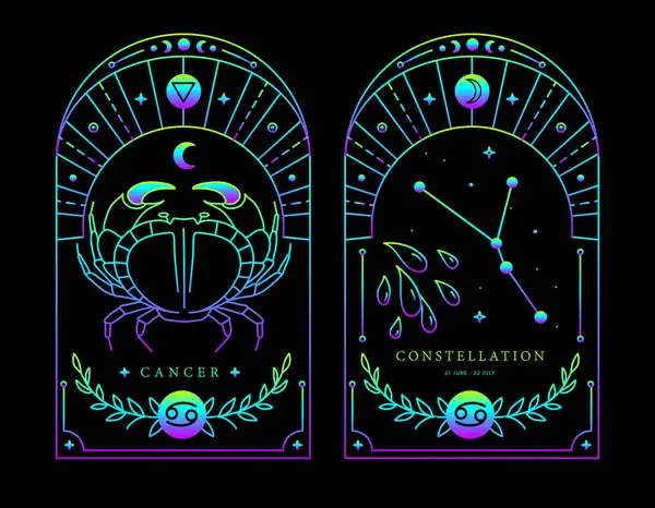 Soubor Moderních Magických Fluorescenčních Kouzelnických Karet Astrologií Zodiakální Znak Rakoviny Stock Ilustrace