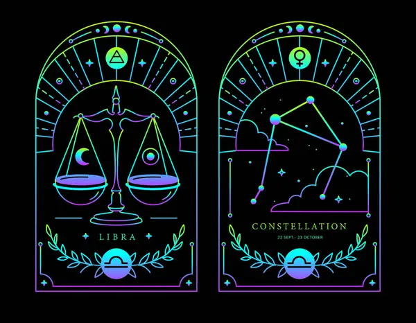 Astroloji Terazi Burcunun Karakteristik Işaretli Modern Sihirli Floresan Cadılık Kartları Vektör Grafikler