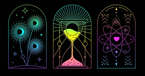 Ensemble Cartes Sorcellerie Fluorescentes Magiques Modernes Avec Sablier Soleil Lune — Image vectorielle