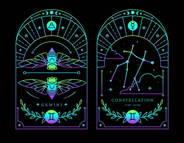 占星術ジェミニ黄道帯の特徴を持つ現代魔法蛍光魔術カードのセット ベクトルイラスト — ストックベクタ