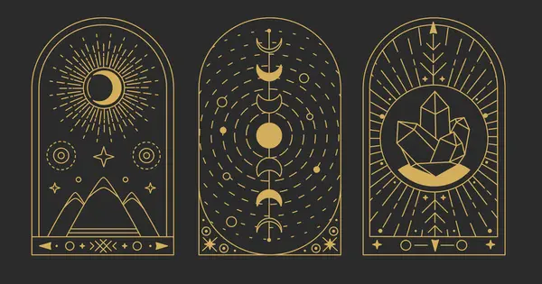 太陽と月が付いている現代魔法の魔法のカードのセット ラインアートオカルトベクターイラスト — ストックベクタ