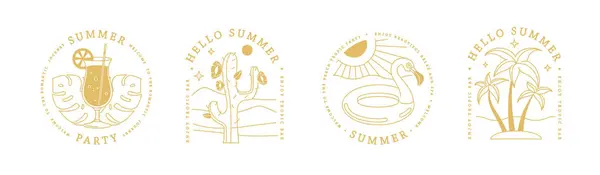 一套线条艺术夏季图标与棕榈树 Pina Colada鸡尾酒 仙人掌 螃蟹和充气火烈鸟圈 一套夏季海报 矢量说明 免版税图库插图