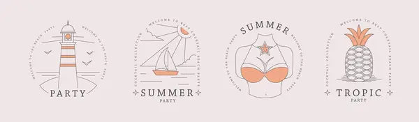 一套线艺术夏季图标与菠萝 灯塔和泳衣 一套夏季海报 矢量说明 免版税图库矢量图片