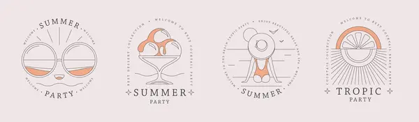 一套线艺术夏季图标与冰淇淋 太阳镜 阳光和女孩在帽子 一套夏季海报 矢量说明 图库插图