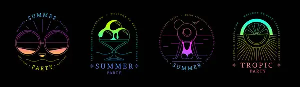 一套荧光灯线艺术夏季图标与冰淇淋 太阳镜 阳光和女孩在帽子 一套夏季海报 矢量说明 免版税图库矢量图片