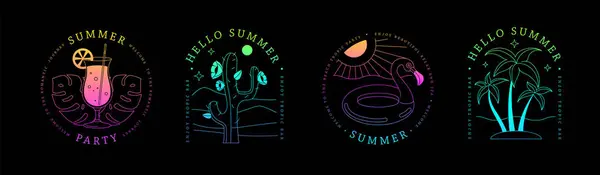 Набор Флуоресцентных Линий Искусства Летние Иконы Пальмой Пина Колада Коктейль Стоковая Иллюстрация