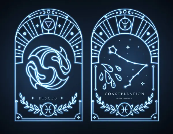 Zestaw Neonowych Kart Magicznych Astrologią Ryby Znak Zodiaku Charakterystyczny Ilustracja — Wektor stockowy