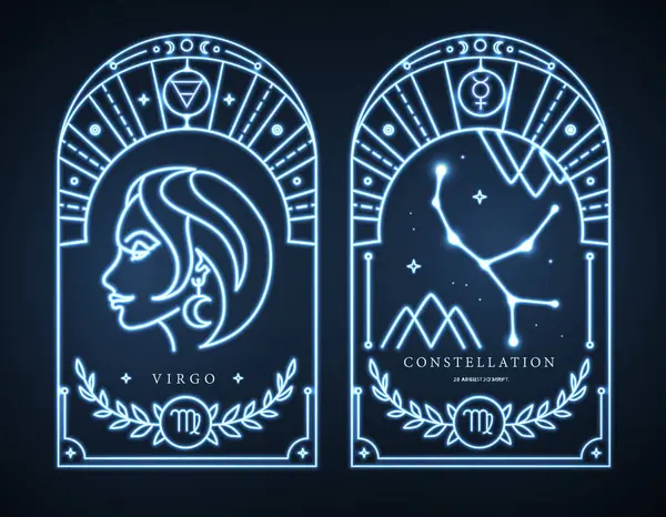 Set Neon Modern Magic Witchcraft Cards Astrology Virgo Zodiac Sign — Stock Vector