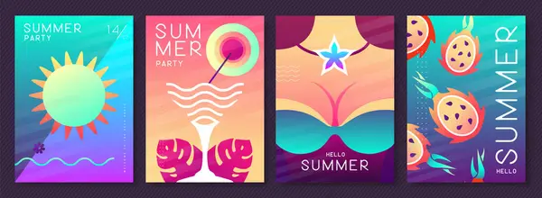 夏の特性を持つ蛍光の夏のポスターのセット カクテルシルエット フラミンゴ 水着とイルカシルエットの女の子 ベクトルイラスト ロイヤリティフリーのストックイラスト