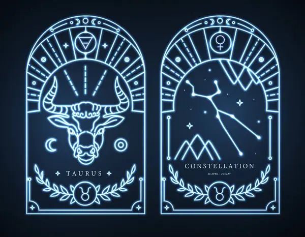占星術タウルス星座の特徴を持つネオンの現代魔法の魔法のカードのセット ベクトルイラスト ストックイラスト