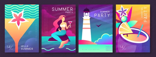 Conjunto Cartazes Fluorescentes Verão Com Atributos Verão Silhueta Coquetel Pina Ilustração De Bancos De Imagens