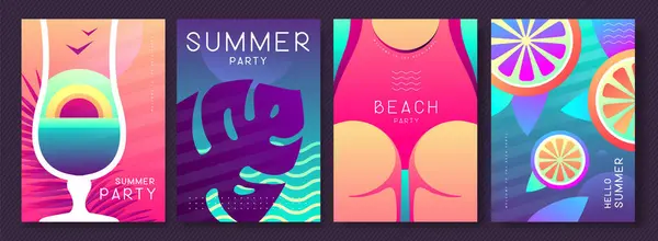 一套带有夏季属性的夏季荧光海报 鸡尾酒尾巴轮廓 热带叶子 身着泳衣的女孩和水果片 矢量说明 矢量图形