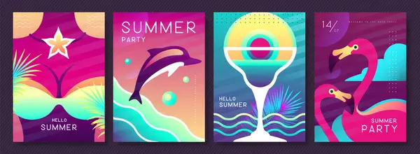 夏の特性を持つ蛍光の夏のポスターのセット カクテルシルエット フラミンゴ 水着とイルカシルエットの女の子 ベクトルイラスト ストックイラスト
