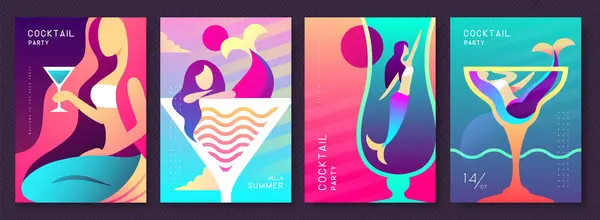Set Fluorescent Summer Posters Summer Attributes Cocktail Cosmopolitan Silhouette Mermaid Vector Graphics
