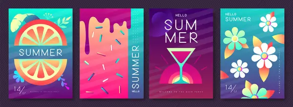 Ein Satz Fluoreszierender Sommerposter Mit Sommerlichen Attributen Cocktail Kosmopolitische Silhouette Stockillustration
