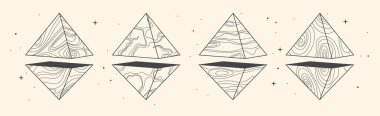 İçinde geometrik piramitler ya da kristaller olan bir dizi modern büyü büyüsü kartı. Çizgi sanatı okült vektör çizimi