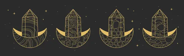 幾何学的な三日月と水晶が付いている現代魔法の魔女のカードのセット ラインアートオカルトベクターイラスト ベクターグラフィックス