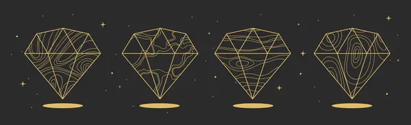 幾何学的なダイヤモンドまたは結晶が付いている現代魔法の魔女のカードのセット ラインアートオカルトベクターイラスト ロイヤリティフリーのストックイラスト