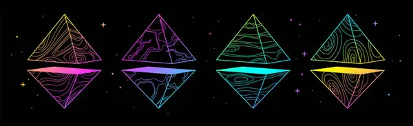 Set Moderner Zauberkarten Mit Fluoreszierenden Geometrischen Pyramiden Oder Kristallen Linienkunst lizenzfreie Stockillustrationen