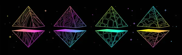 Set Modern Magic Witchcraft Cards Fluorescent Geometric Pyramids Crystals Line Ilustrações De Bancos De Imagens Sem Royalties