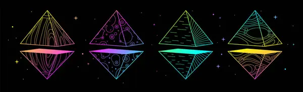 Zestaw Nowoczesnych Magicznych Kart Czarnoksięskich Fluorescencyjnymi Piramidami Geometrycznymi Lub Kryształami Wektory Stockowe bez tantiem