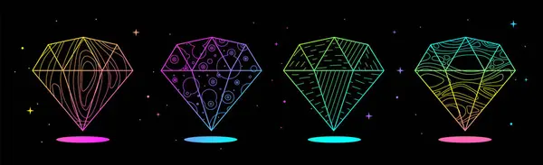 Set Modern Magic Witchcraft Cards Fluorescent Geometric Diamonds Crystals Line Ilustrações De Bancos De Imagens Sem Royalties